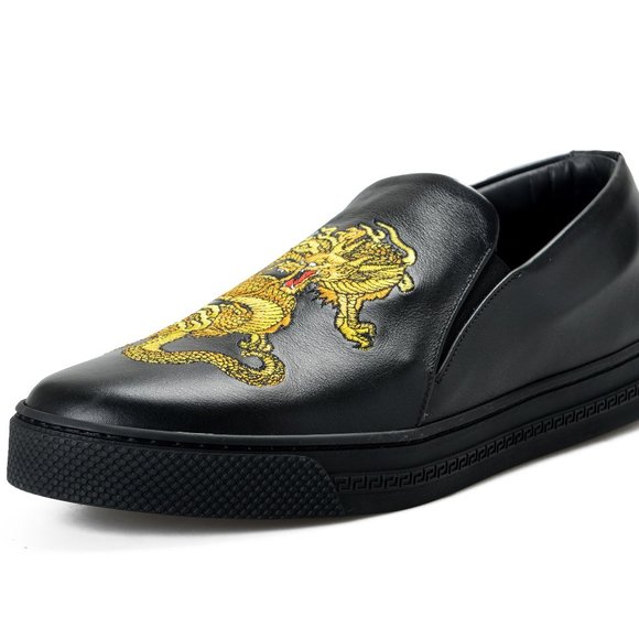 Versace Men\'s Black Embellished Leather Moccasins